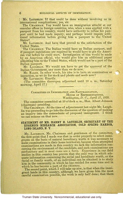 &quote;Biological aspects of immigration,&quote; Harry H. Laughlin testimony before the House Committee on Immigration and Naturalization