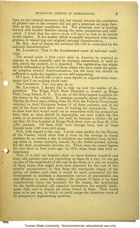 &quote;Biological aspects of immigration,&quote; Harry H. Laughlin testimony before the House Committee on Immigration and Naturalization