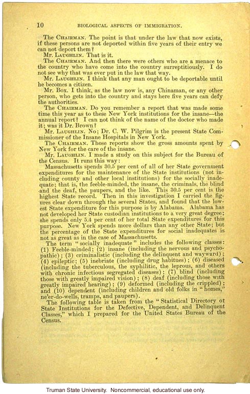 &quote;Biological aspects of immigration,&quote; Harry H. Laughlin testimony before the House Committee on Immigration and Naturalization