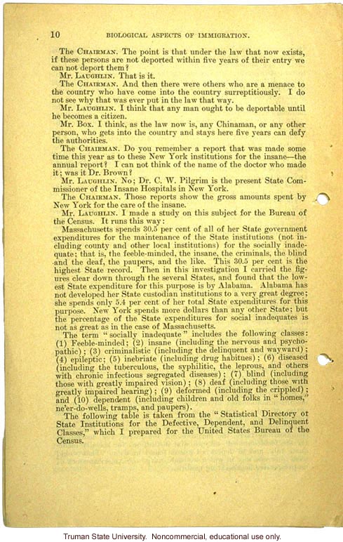 &quote;Biological aspects of immigration,&quote; Harry H. Laughlin testimony before the House Committee on Immigration and Naturalization