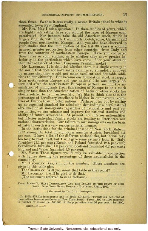 &quote;Biological aspects of immigration,&quote; Harry H. Laughlin testimony before the House Committee on Immigration and Naturalization