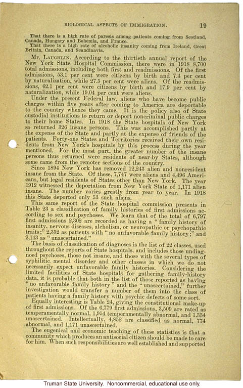 &quote;Biological aspects of immigration,&quote; Harry H. Laughlin testimony before the House Committee on Immigration and Naturalization