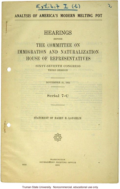 &quote;Analysis of America's Modern Melting Pot,&quote; Harry H. Laughlin testimony before the House Committee on Immigration and Naturalization