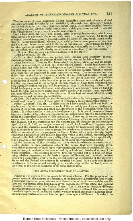 &quote;Analysis of America's Modern Melting Pot,&quote; Harry H. Laughlin testimony before the House Committee on Immigration and Naturalization