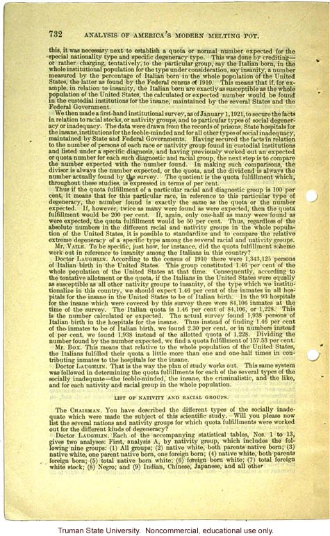 &quote;Analysis of America's Modern Melting Pot,&quote; Harry H. Laughlin testimony before the House Committee on Immigration and Naturalization