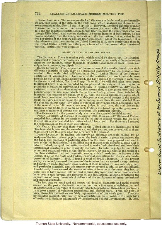 &quote;Analysis of America's Modern Melting Pot,&quote; Harry H. Laughlin testimony before the House Committee on Immigration and Naturalization