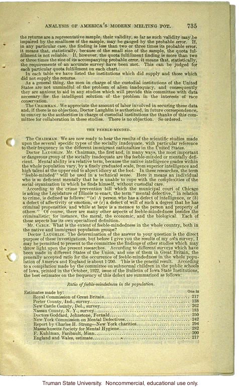 &quote;Analysis of America's Modern Melting Pot,&quote; Harry H. Laughlin testimony before the House Committee on Immigration and Naturalization