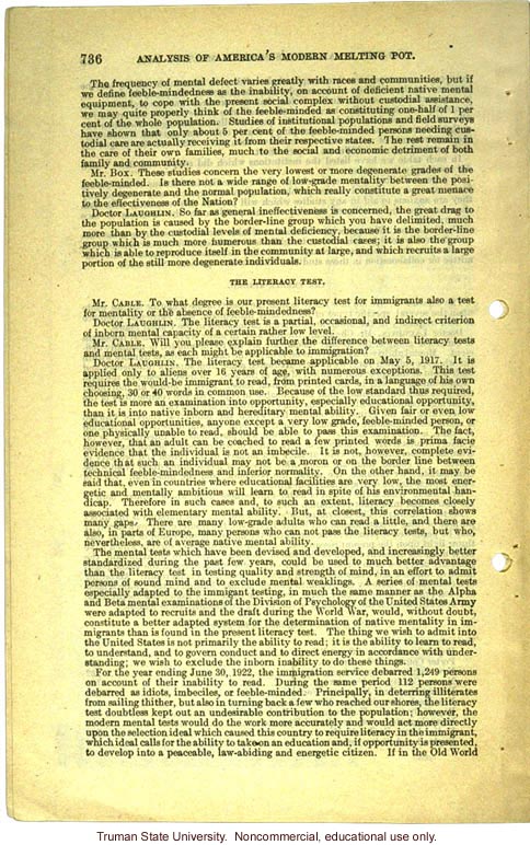 &quote;Analysis of America's Modern Melting Pot,&quote; Harry H. Laughlin testimony before the House Committee on Immigration and Naturalization