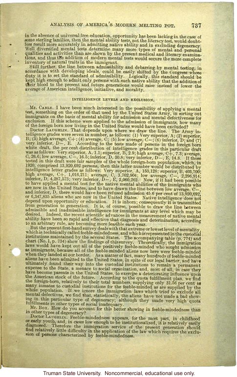 &quote;Analysis of America's Modern Melting Pot,&quote; Harry H. Laughlin testimony before the House Committee on Immigration and Naturalization