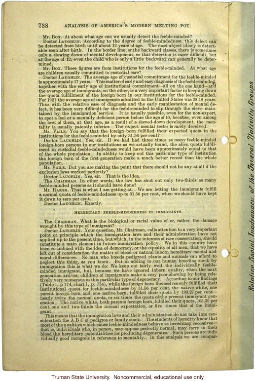 &quote;Analysis of America's Modern Melting Pot,&quote; Harry H. Laughlin testimony before the House Committee on Immigration and Naturalization