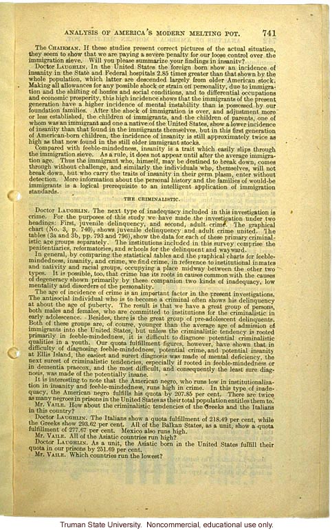 &quote;Analysis of America's Modern Melting Pot,&quote; Harry H. Laughlin testimony before the House Committee on Immigration and Naturalization