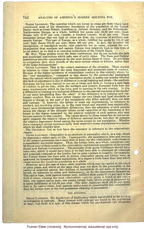 &quote;Analysis of America's Modern Melting Pot,&quote; Harry H. Laughlin testimony before the House Committee on Immigration and Naturalization