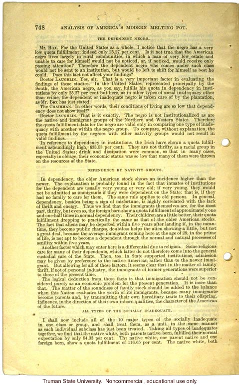 &quote;Analysis of America's Modern Melting Pot,&quote; Harry H. Laughlin testimony before the House Committee on Immigration and Naturalization