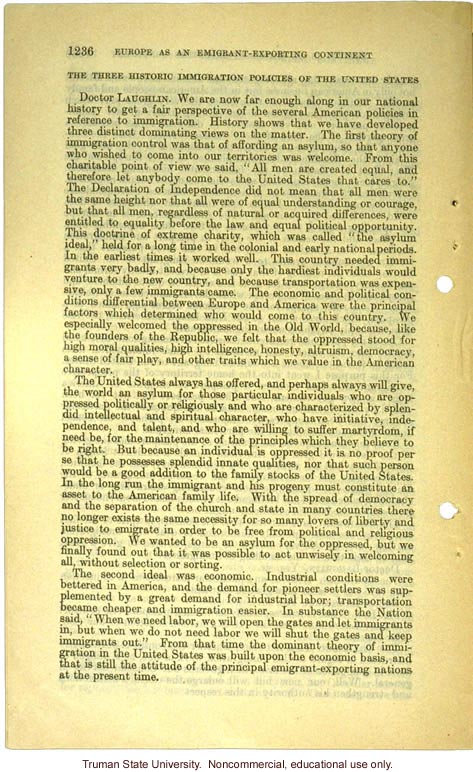 &quote;Europe as an emigrant-exporting continent,&quote;  Harry H. Laughlin testimony before the House Committee, including Immigration Restriction Act