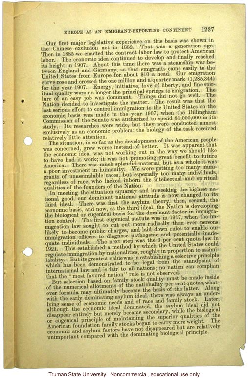 &quote;Europe as an emigrant-exporting continent,&quote;  Harry H. Laughlin testimony before the House Committee, including Immigration Restriction Act