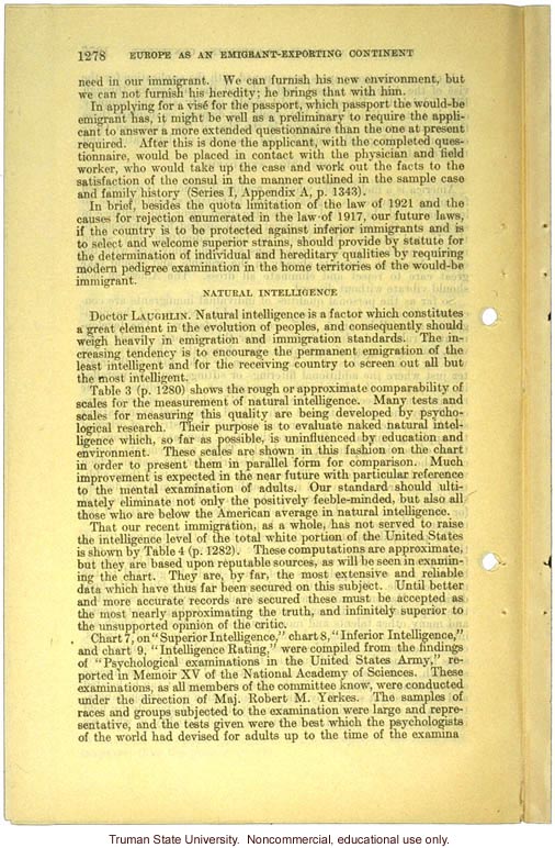 &quote;Europe as an emigrant-exporting continent,&quote;  Harry H. Laughlin testimony before the House Committee, including Immigration Restriction Act