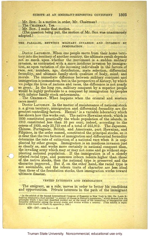 &quote;Europe as an emigrant-exporting continent,&quote;  Harry H. Laughlin testimony before the House Committee, including Immigration Restriction Act