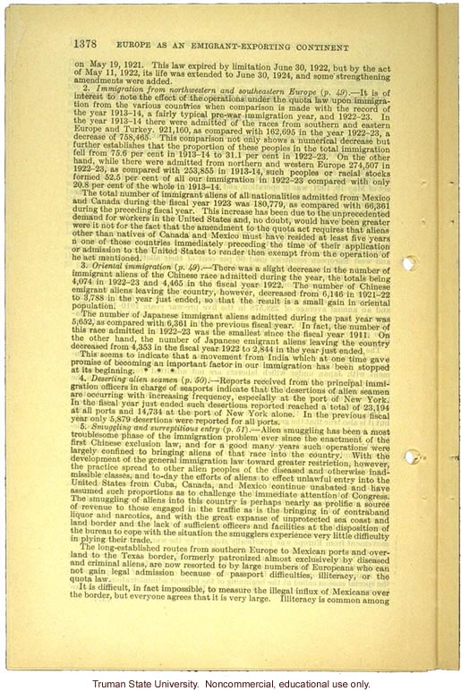 &quote;Europe as an emigrant-exporting continent,&quote;  Harry H. Laughlin testimony before the House Committee, including Immigration Restriction Act