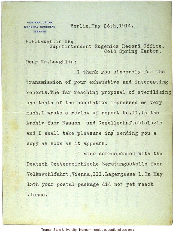 G. von Hoffmann letter to H. Laughlin in praise of his goals on sterilization