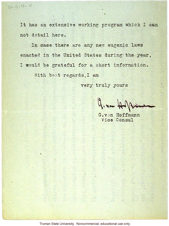 G. von Hoffmann letter to H. Laughlin in praise of his goals on sterilization