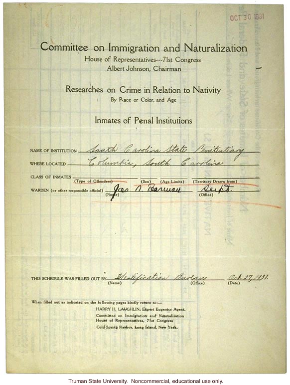 &quote;Researches on crime in relation to nativity,&quote; Laughlin's research for the Committee on Immigration and Naturalization