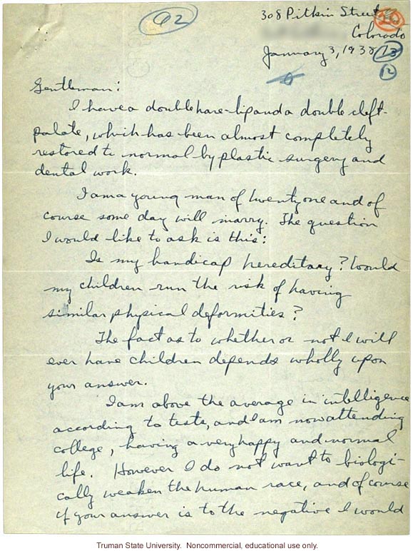 Letter asking about heredity of cleft lip and palate