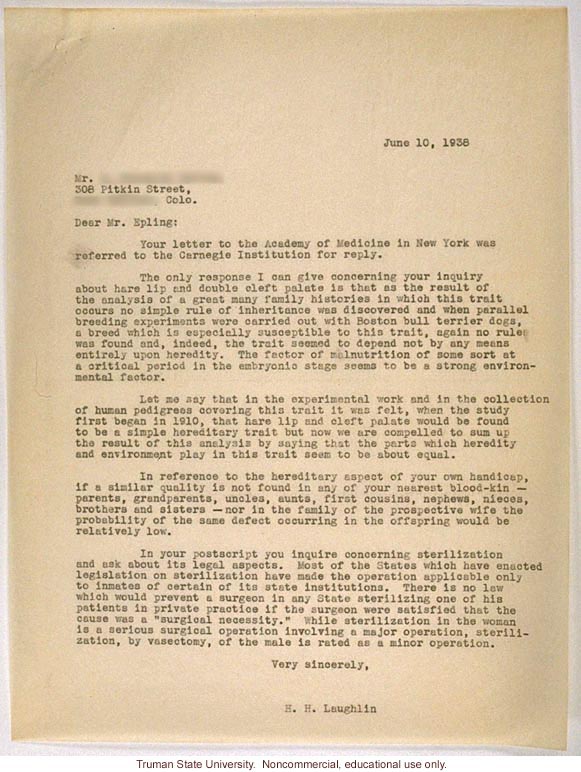 H. Laughlin letter in response to question about heredity of cleft lip and palate