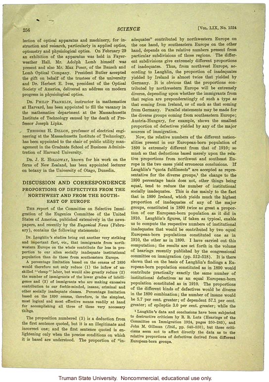 H.S. Jennings letter to Science, about H. Laughlin's work on immigration