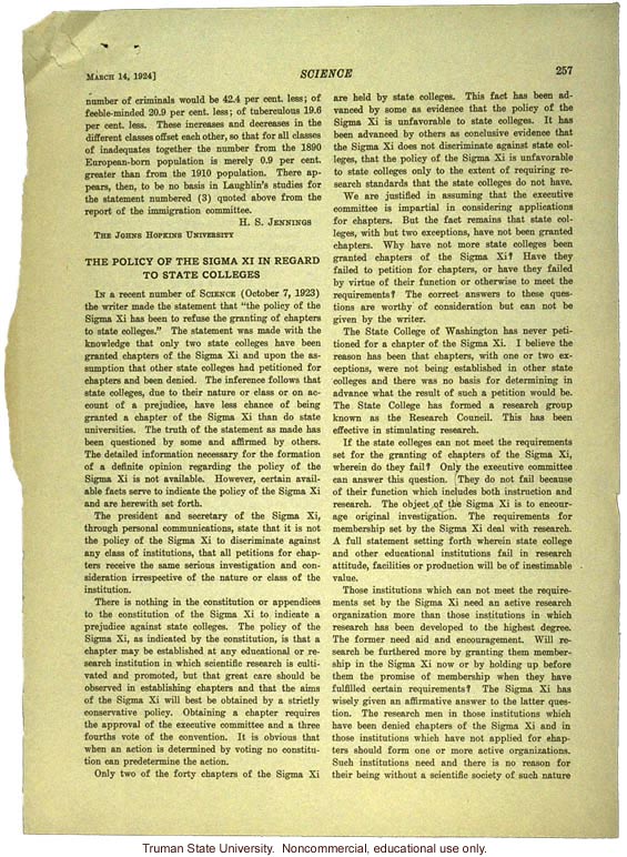 H.S. Jennings letter to Science, about H. Laughlin's work on immigration