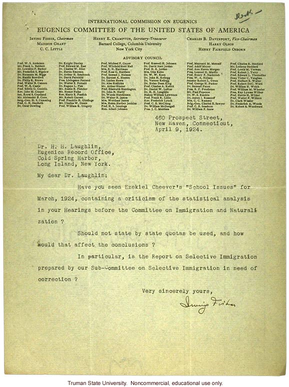 I. Fisher letter to H. Laughlin about E. Cheever's attack on Laughlin's analysis on immigration