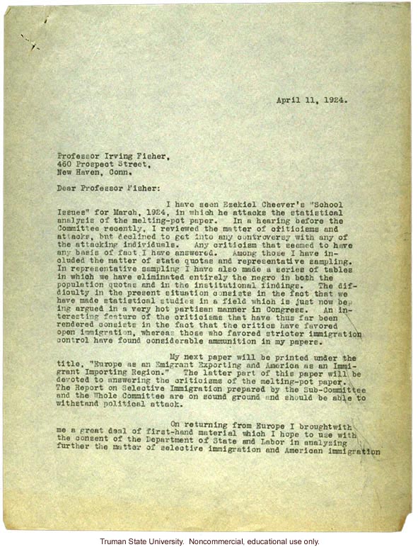 H. Laughlin's letter to I. Fisher in response to E. Cheever's criticisms of Laughlin's views on immigration