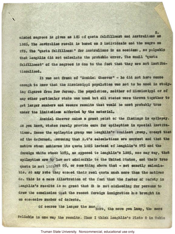 C. Davenport letter to L. Barker about E. Cheever's criticisms of H. Laughlin's views on immigration