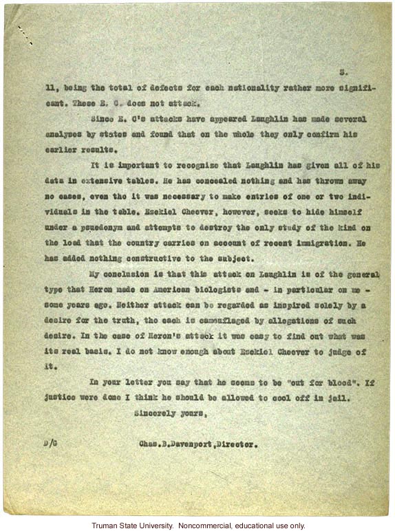 C. Davenport letter to L. Barker about E. Cheever's criticisms of H. Laughlin's views on immigration