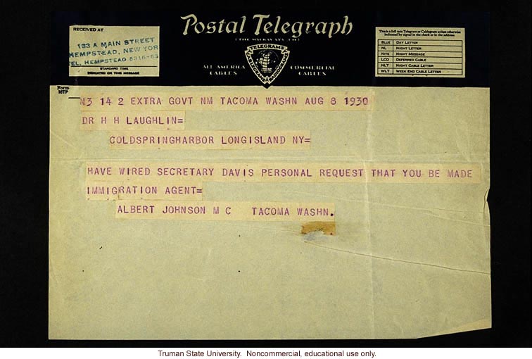 Rep. A. Johnson cable to H. Laughlin about appointing him as an agent of immigration