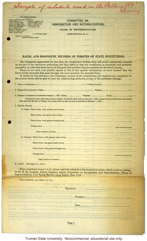 &quote;Racial and diagnostic records of inmates of state institutions&quote;