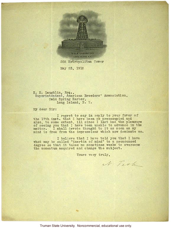 Tesla letter to H. Laughlin about his genius pedigree