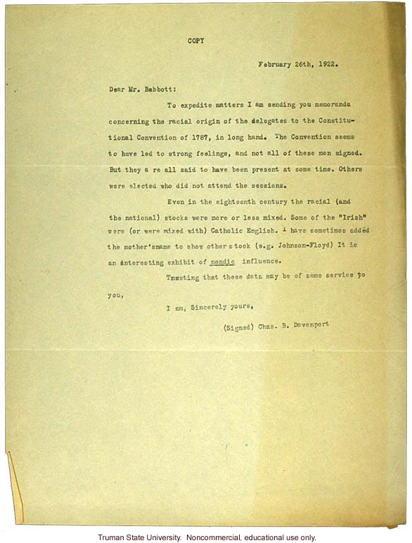 C. Davenport letter to Babbott, author of &quote;The Senate is Still Nordic&quote;