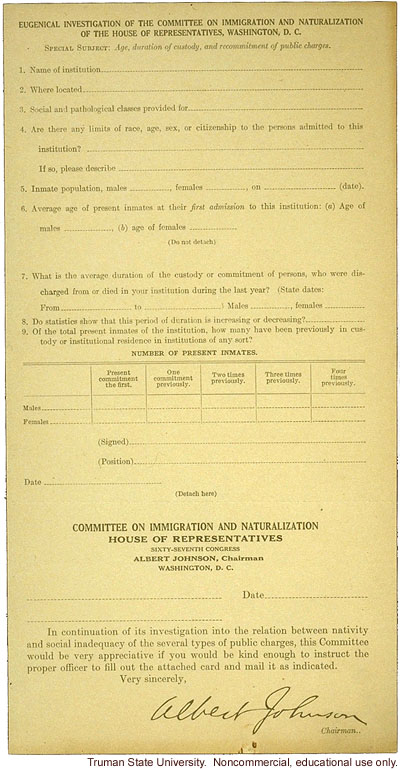 Committee on Immigration and Naturalization, research study on immigration