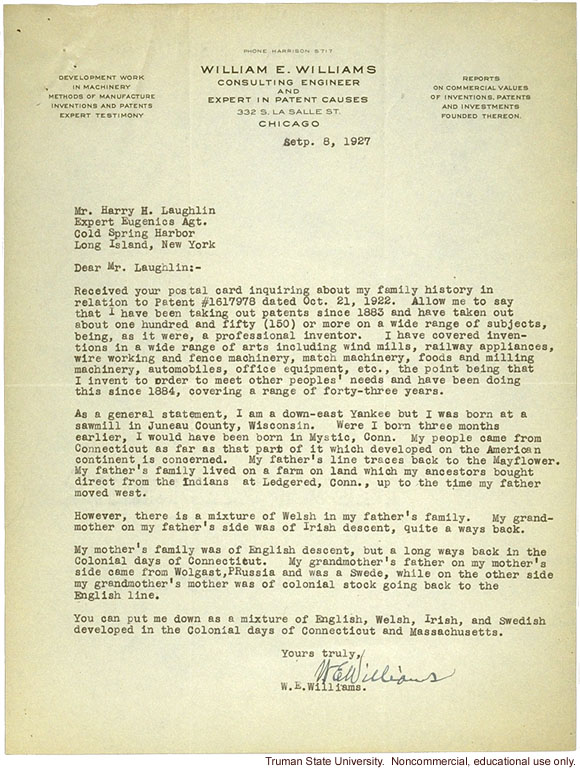 W. Williams letter to H. Laughlin about research study on immigration