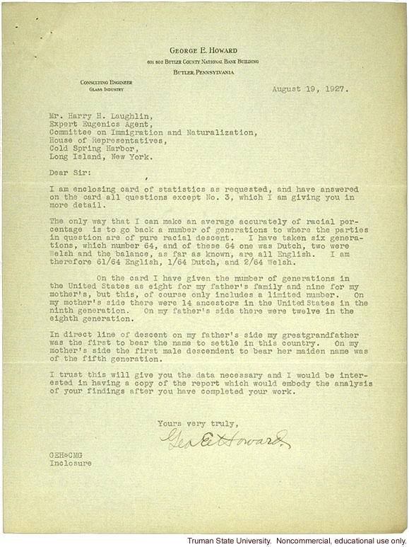 G. Howard letter to H. Laughlin about research study on immigration