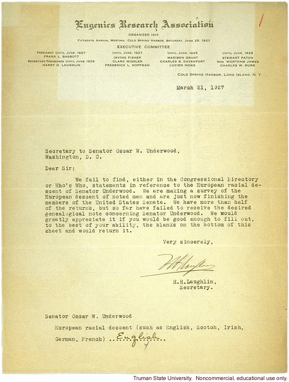 H. Laughlin letter to O. Underwood, about European racial descent of Underwood