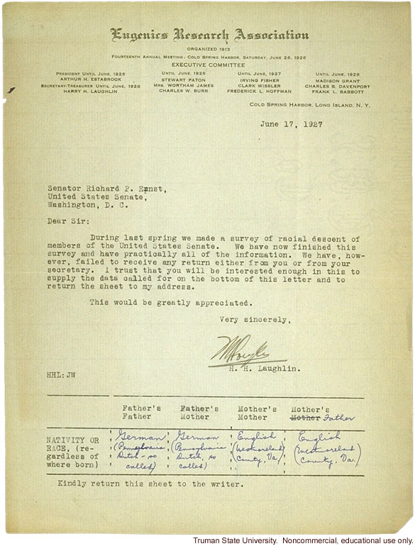 H. Laughlin letter to Senator Ernst, about Ernst's failure to respond to Senator survey