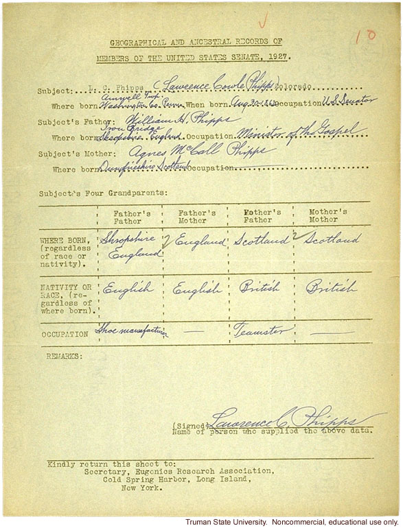 Data for Lawrence Phipps, in response to H. Laughlin's study on racial descent of U.S. senators