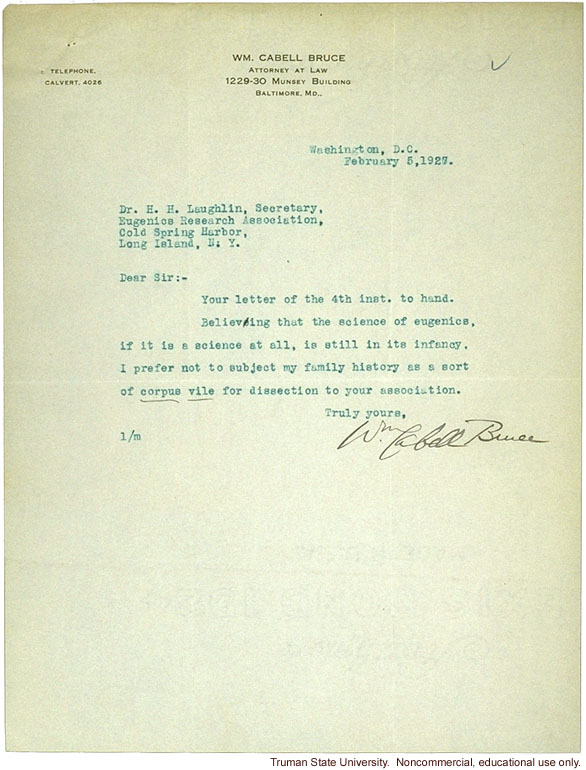C. Bruce letter to H. Laughlin objecting to the racial descent study of U.S. senators