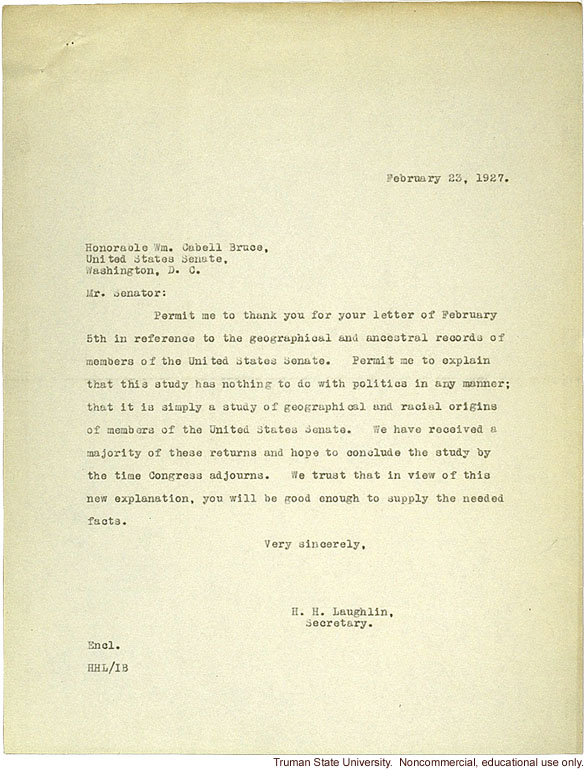 H. Laughlin response to C. Bruce's objections to the racial descent study of U.S. senators