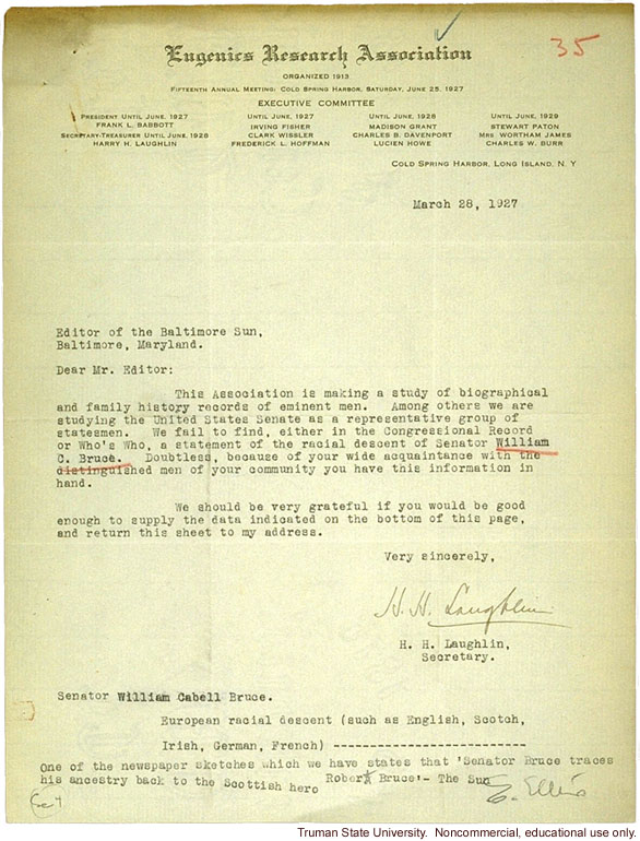 H. Laughlin's letter to Baltimore Sun about getting data on C. Bruce for racial descent study of U.S. senators