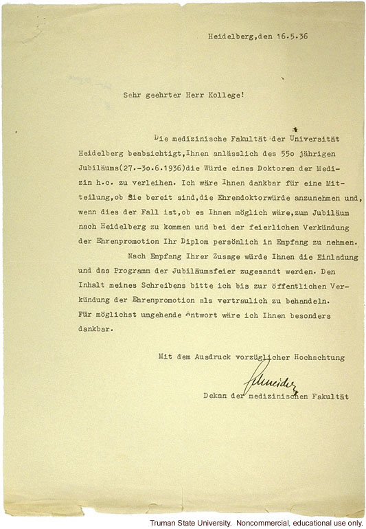 German letter from Heidelberg about H. Laughlin's honorary degree