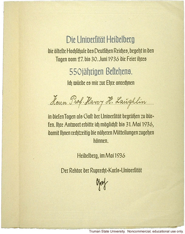 Invitation to Harry Laughlin to attend the 550th Jubilee of University of Heidelberg (at which he was conferred an honorary degree).