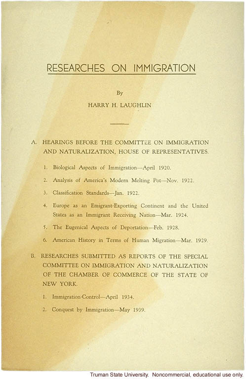 &quote;Researches on immigration,&quote; by H. Laughlin