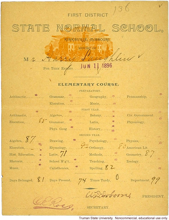 H. Laughlin's report card from First District Normal School (now Truman State University), Kirksville, Missouri